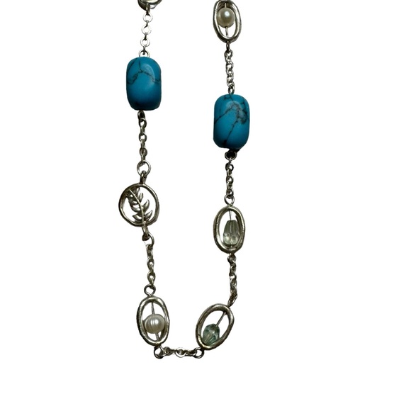 Chicos Necklace Silver Tone Chain Link Faux Turquoise Accents Long Length - Picture 2 of 6